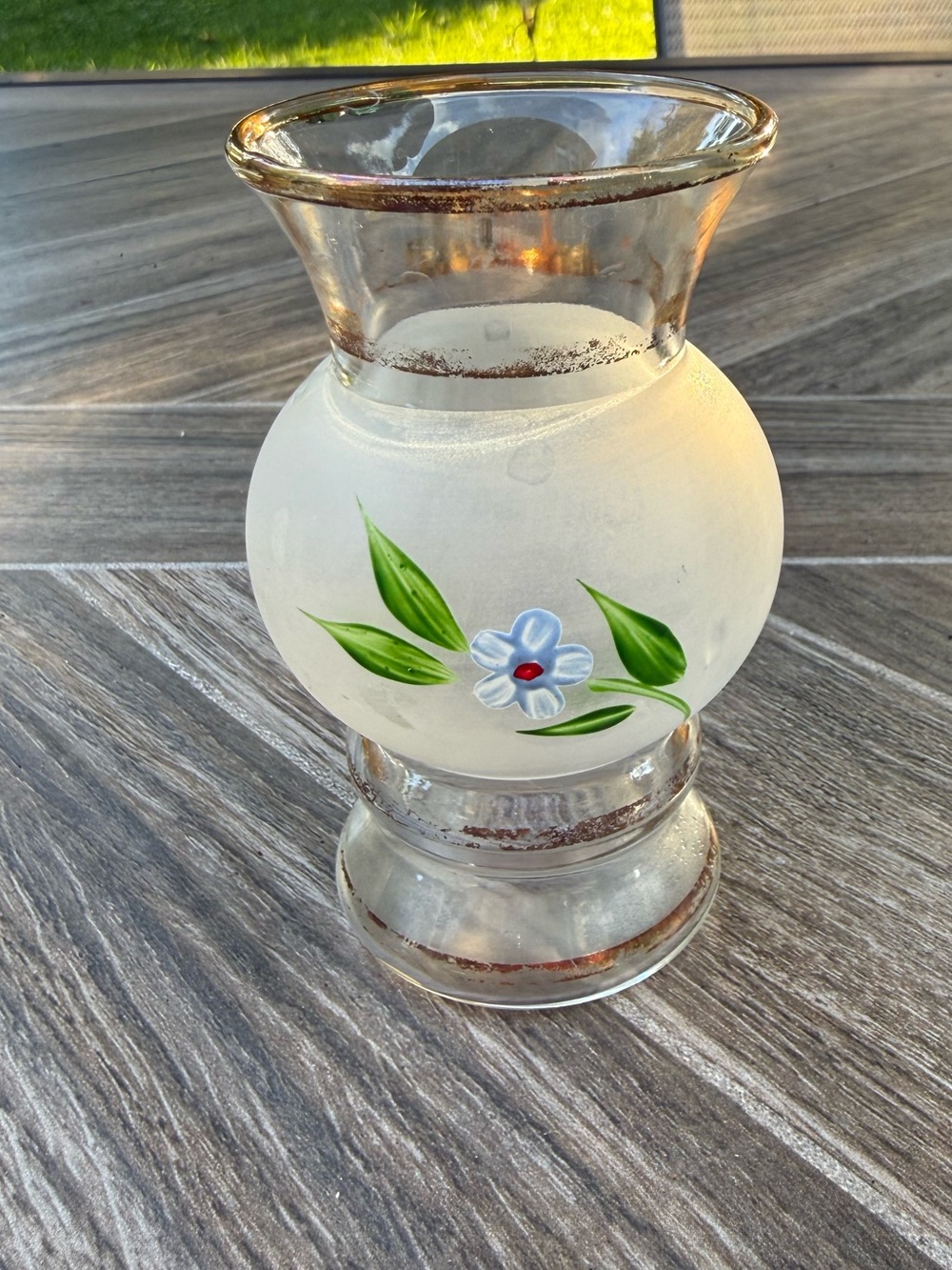 Frosted Glass Floral Vase with Blue Flower and Green Leaves